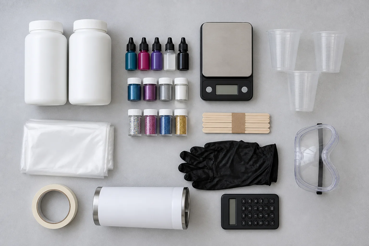 Decoración de Tazas y Termos con Resina: opiniones y límites 3 Inventario de resina, pigmentos, protección, herramientas y un termo sin decorar