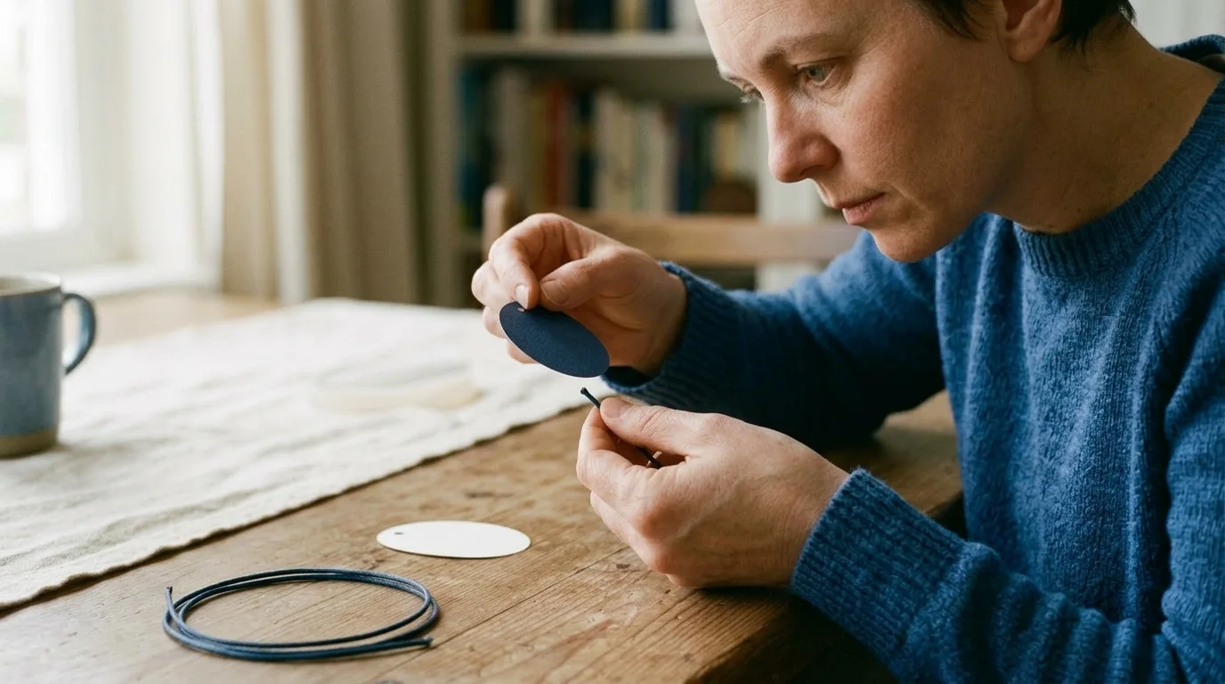 Materiales para hacer joyería en resina: persona comparando una forma ovalada de papel con un cordón