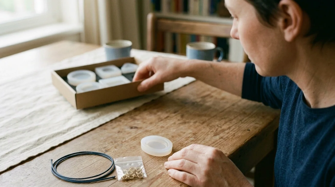 Persona apartando una caja de moldes y reservando materiales para un colgante
