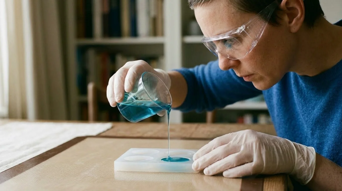 Recreación de una persona con gafas y guantes vertiendo resina azul en un molde