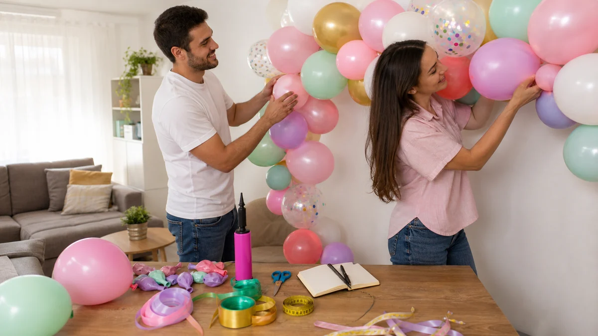personas montando una guirnalda de globos en casa