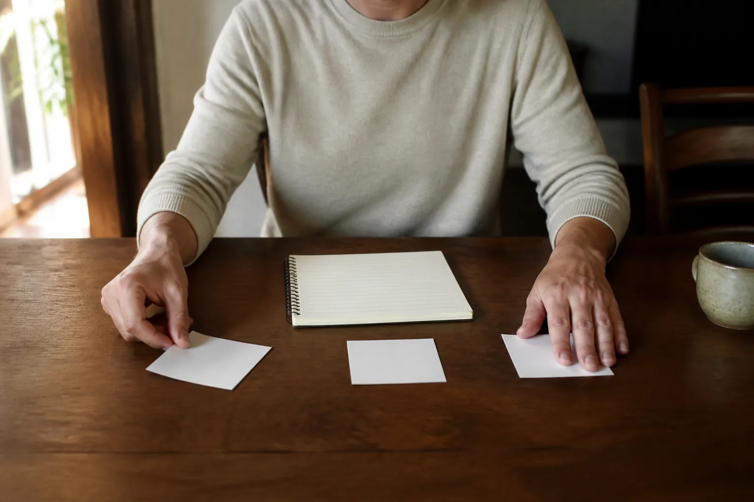 Persona eligiendo una prioridad entre varias tarjetas en una mesa
