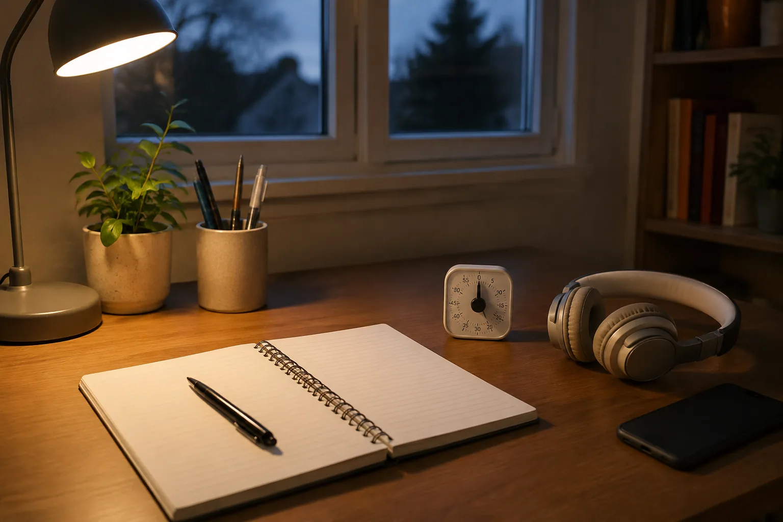 Espacio de estudio preparado con cuaderno abierto, bolígrafo, auriculares y temporizador
