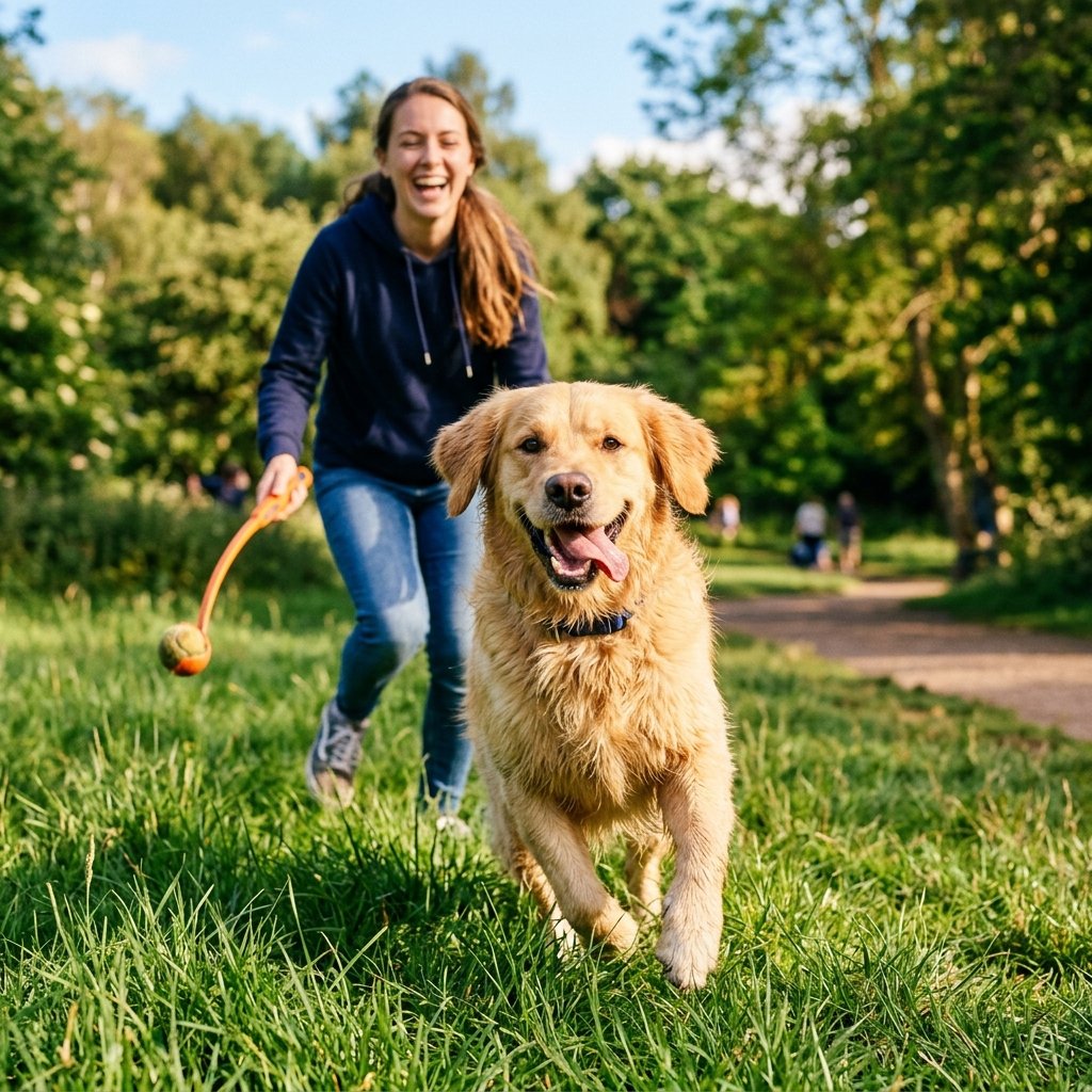 Como saber si mi mascota es feliz: senales y cuidado responsable 4 Perro de raza Golden Retriever feliz y sonriente jugando al aire libre en el césped de un parque con su dueño