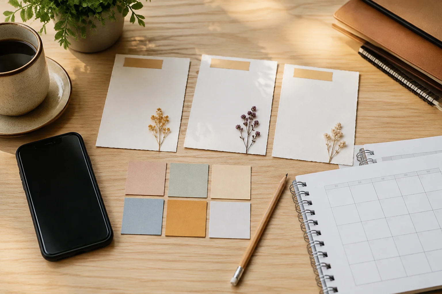 Curso Canva Daniela Sappa: ¿te sirve para tu negocio? 6 Mesa con tarjetas de producto, colores, un móvil y un calendario de contenido vacío