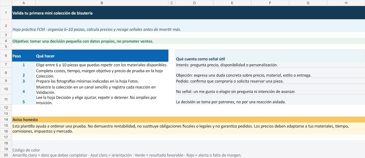 Vista de la plantilla Excel para organizar una mini colección de bisutería y distinguir señales útiles