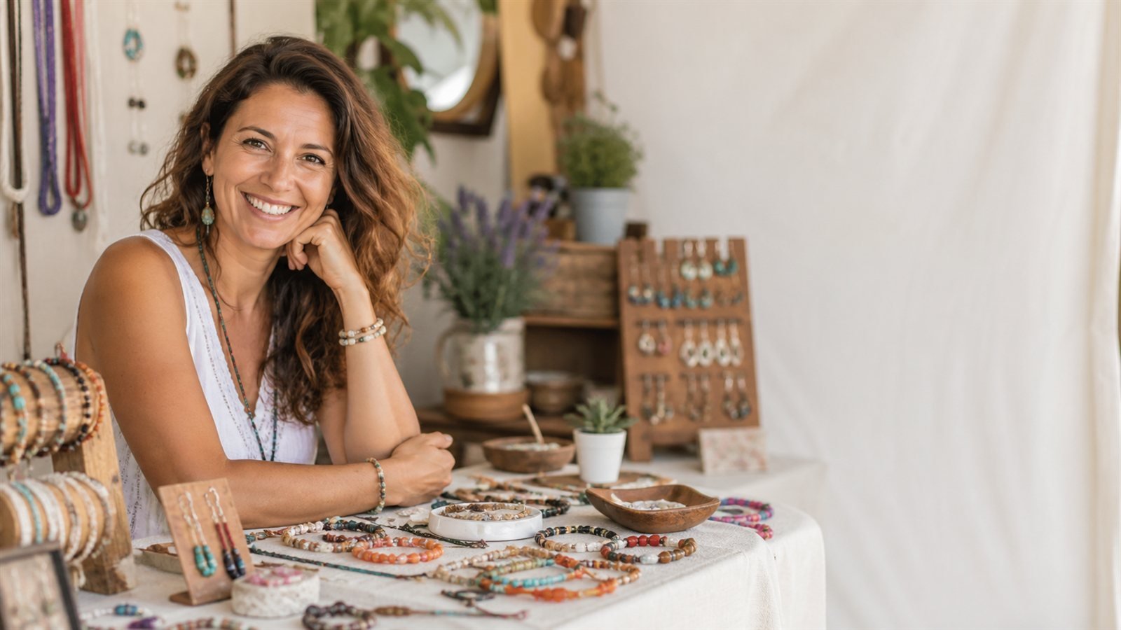 cómo poner precio a la bisutería artesanal con una artesana mostrando sus piezas