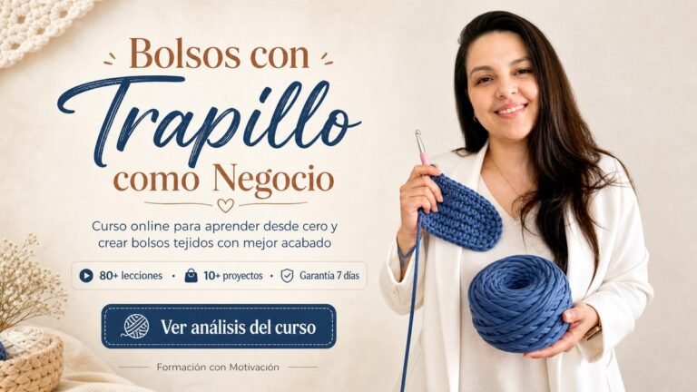 Ana María con trapillo y una muestra de tejido en la portada de Bolsos con Trapillo como Negocio