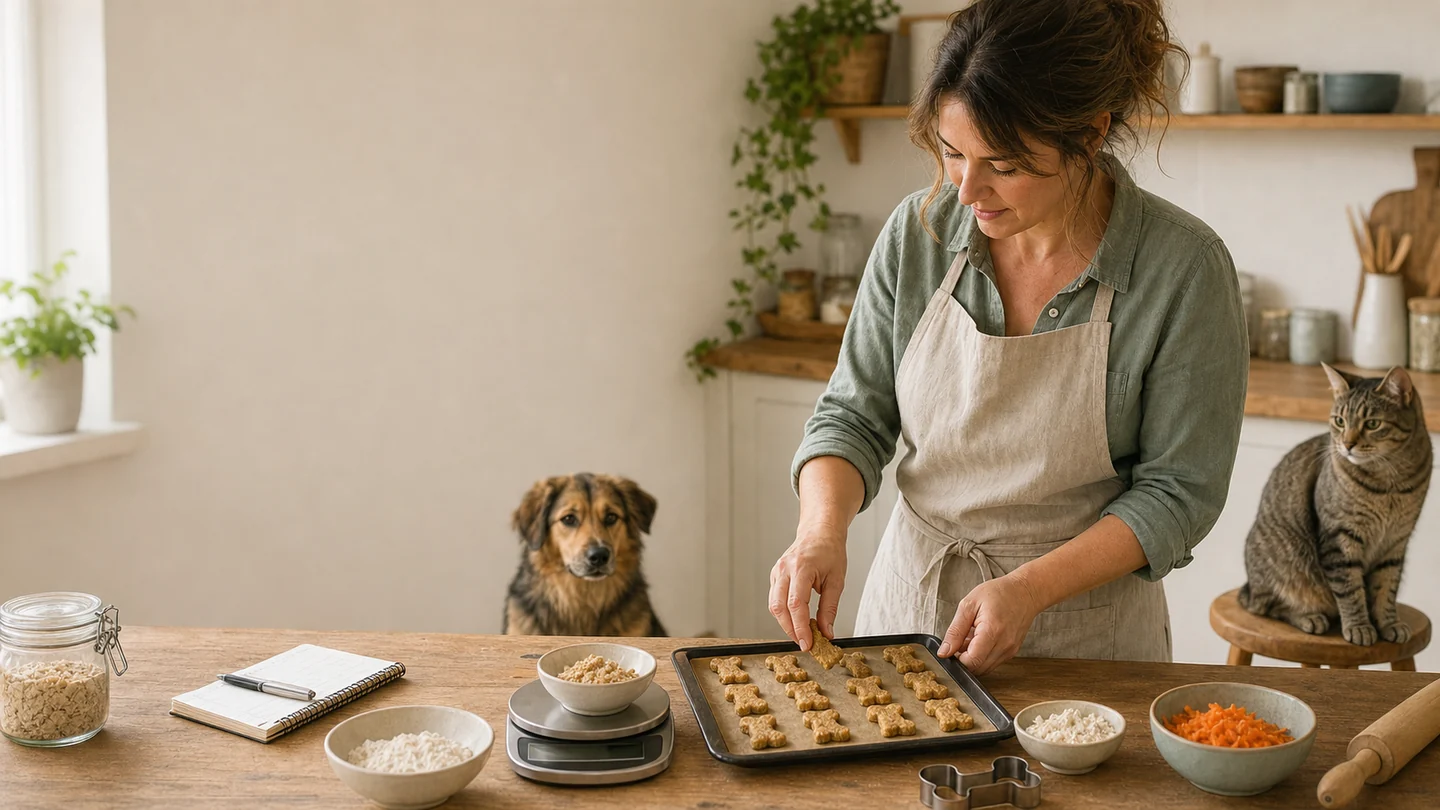 Mujer preparando premios para mascotas con un perro y un gato observando a distancia segura