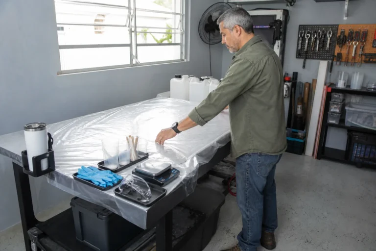 Un hombre prepara una mesa ventilada con protección y herramientas para trabajar con resina