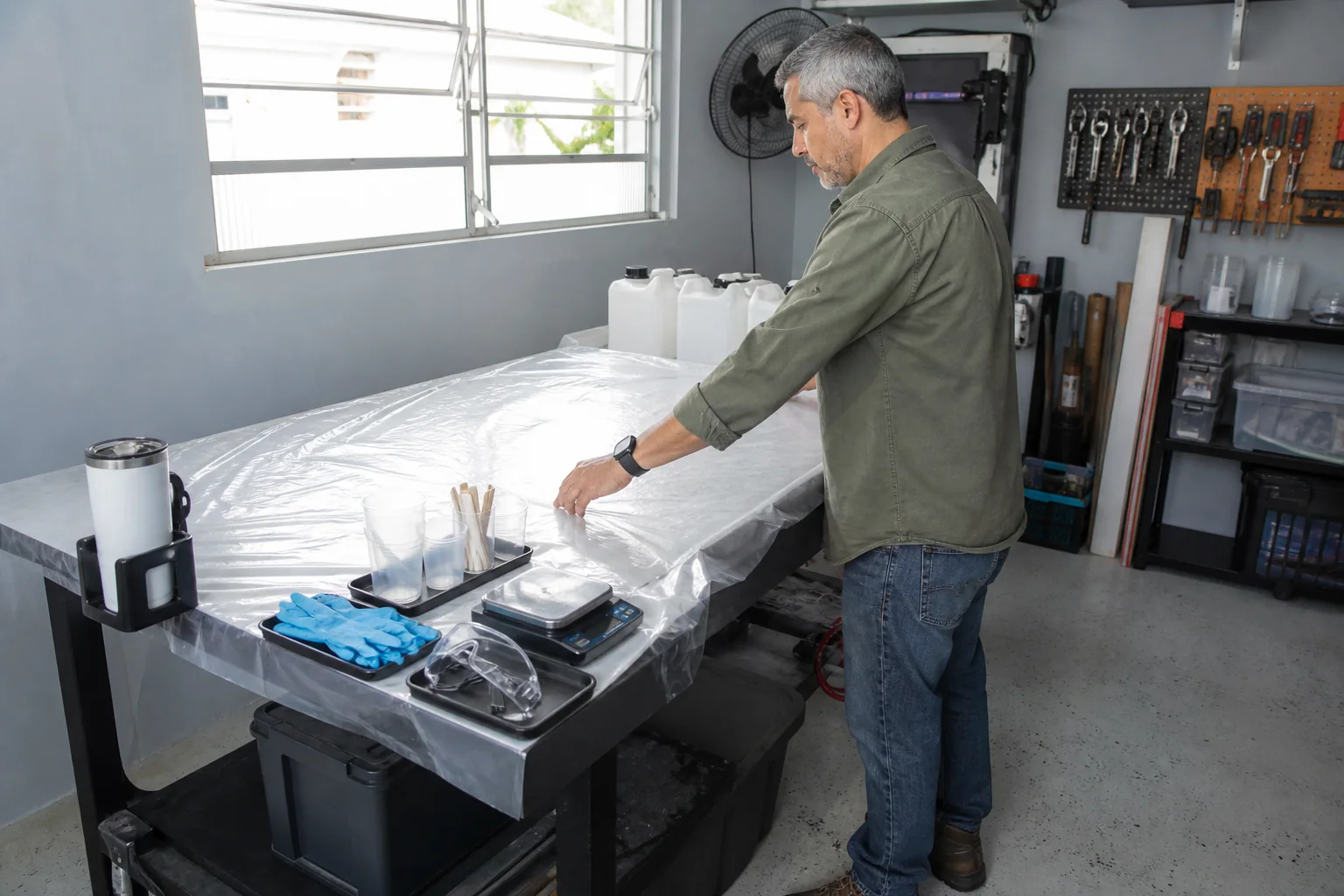 Decoración de Tazas y Termos con Resina: opiniones y límites 1 Un hombre prepara una mesa ventilada con protección y herramientas para trabajar con resina
