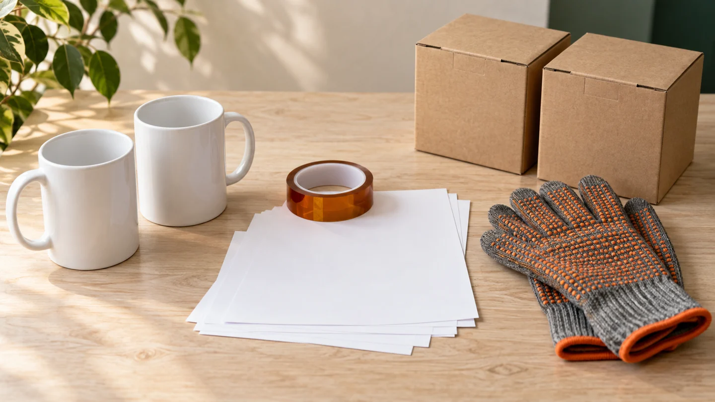 Tazas sin decorar, cinta térmica, guantes y cajas separados para revisar el material