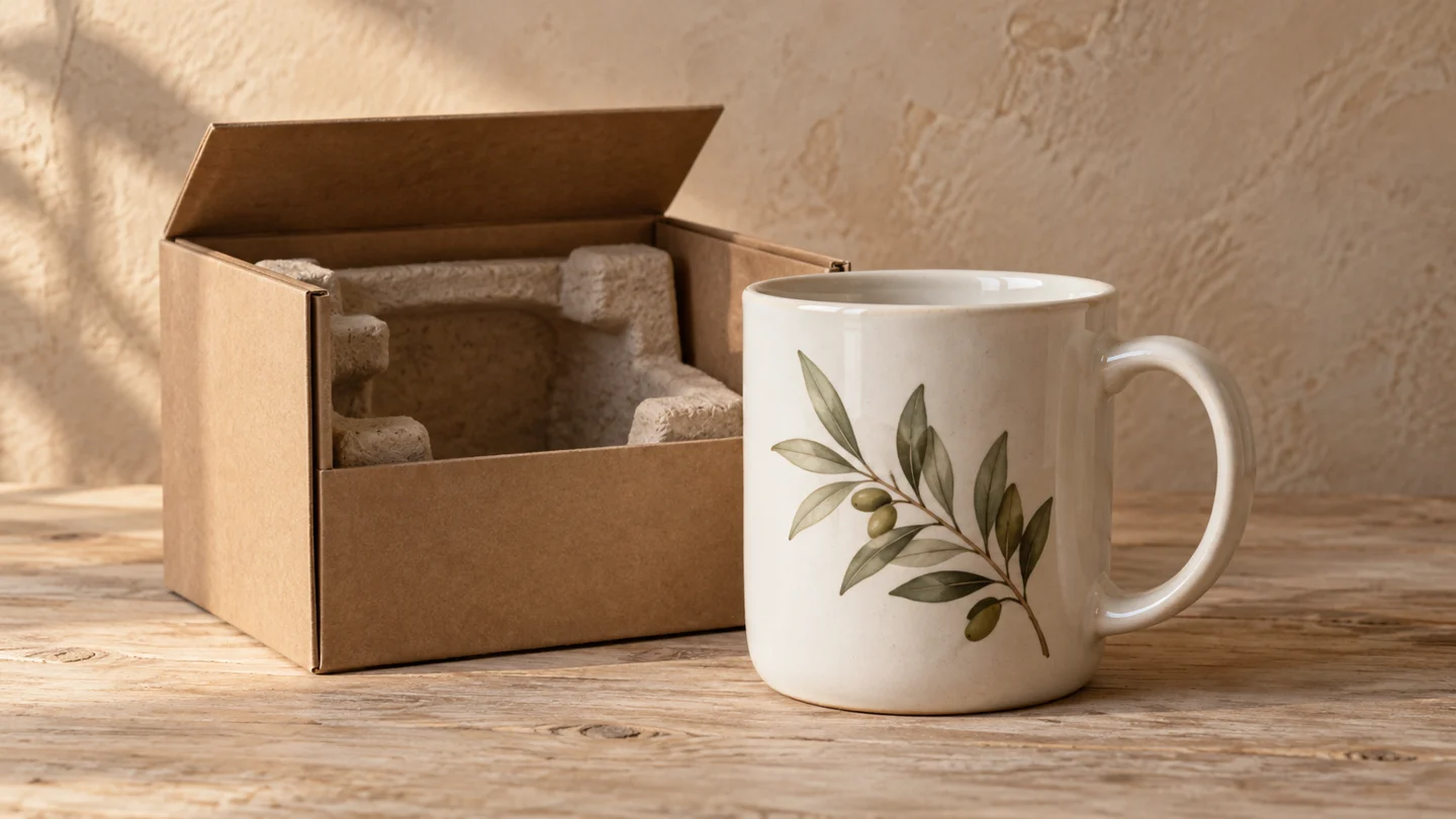 Una taza de prueba con motivo de hojas junto a su caja de protección