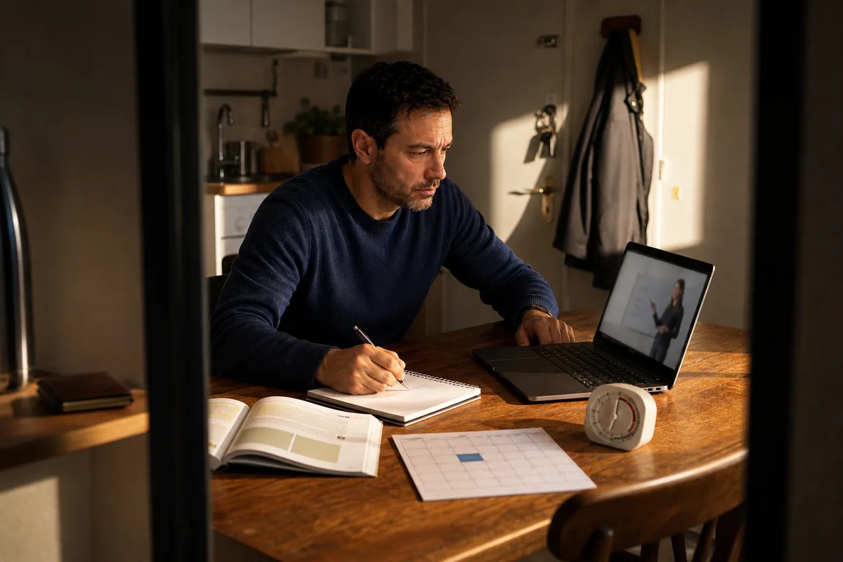 Hombre que prueba una lección breve y la encaja en su calendario antes de decidir si paga por una formación
