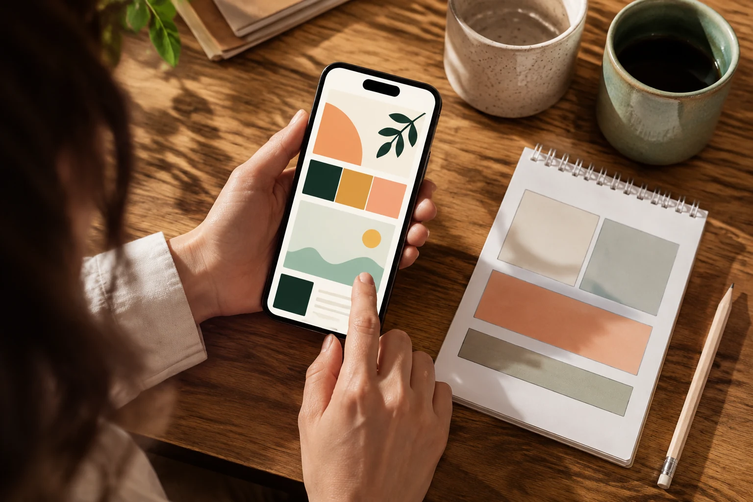 Curso Canva Daniela Sappa: ¿te sirve para tu negocio? 4 Manos organizando una composición de colores en un móvil junto a un planificador