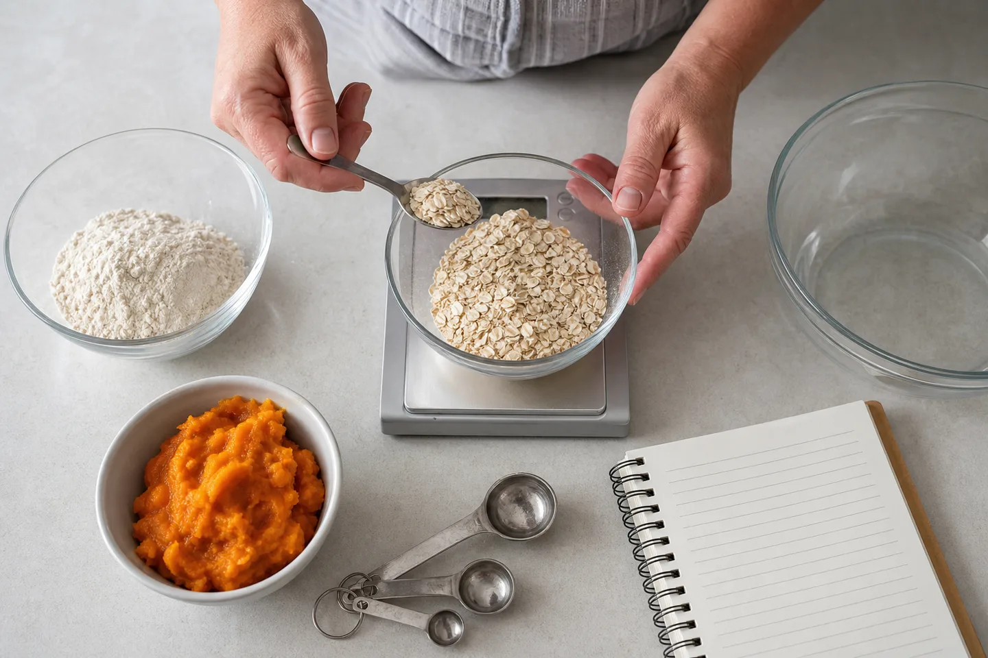 Manos pesando avena y registrando ingredientes para elaborar premios para mascotas