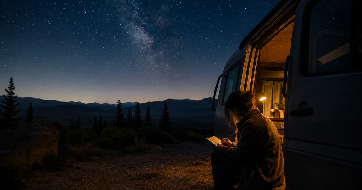 Propósito de la escritura representado por una persona escribiendo junto a una furgoneta bajo las estrellas