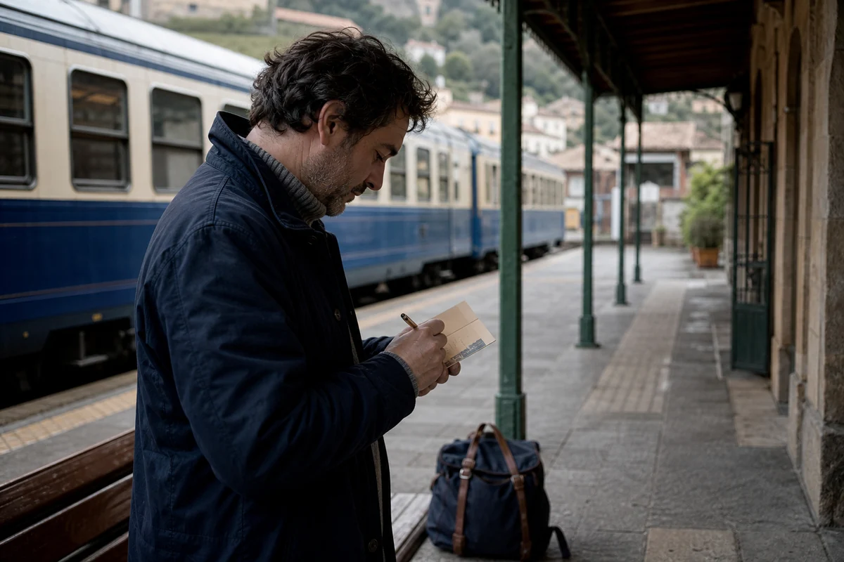 Persona escribiendo una postal en un andén durante un viaje