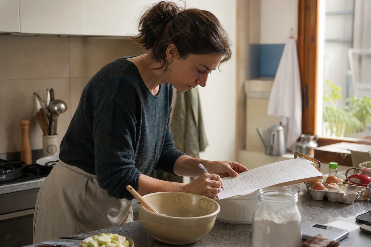 Persona utilizando y anotando una receta escrita mientras cocina