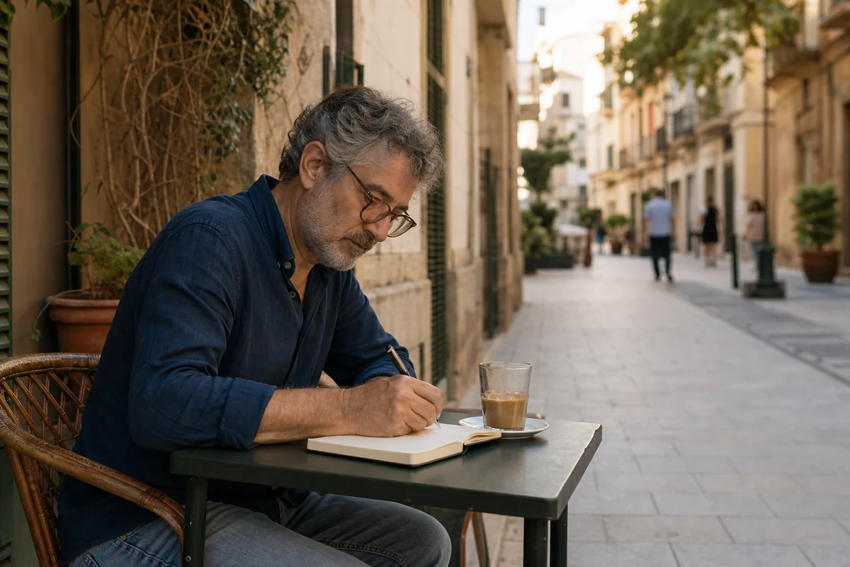 Persona de mediana edad escribiendo en una terraza tranquila mientras toma un café
