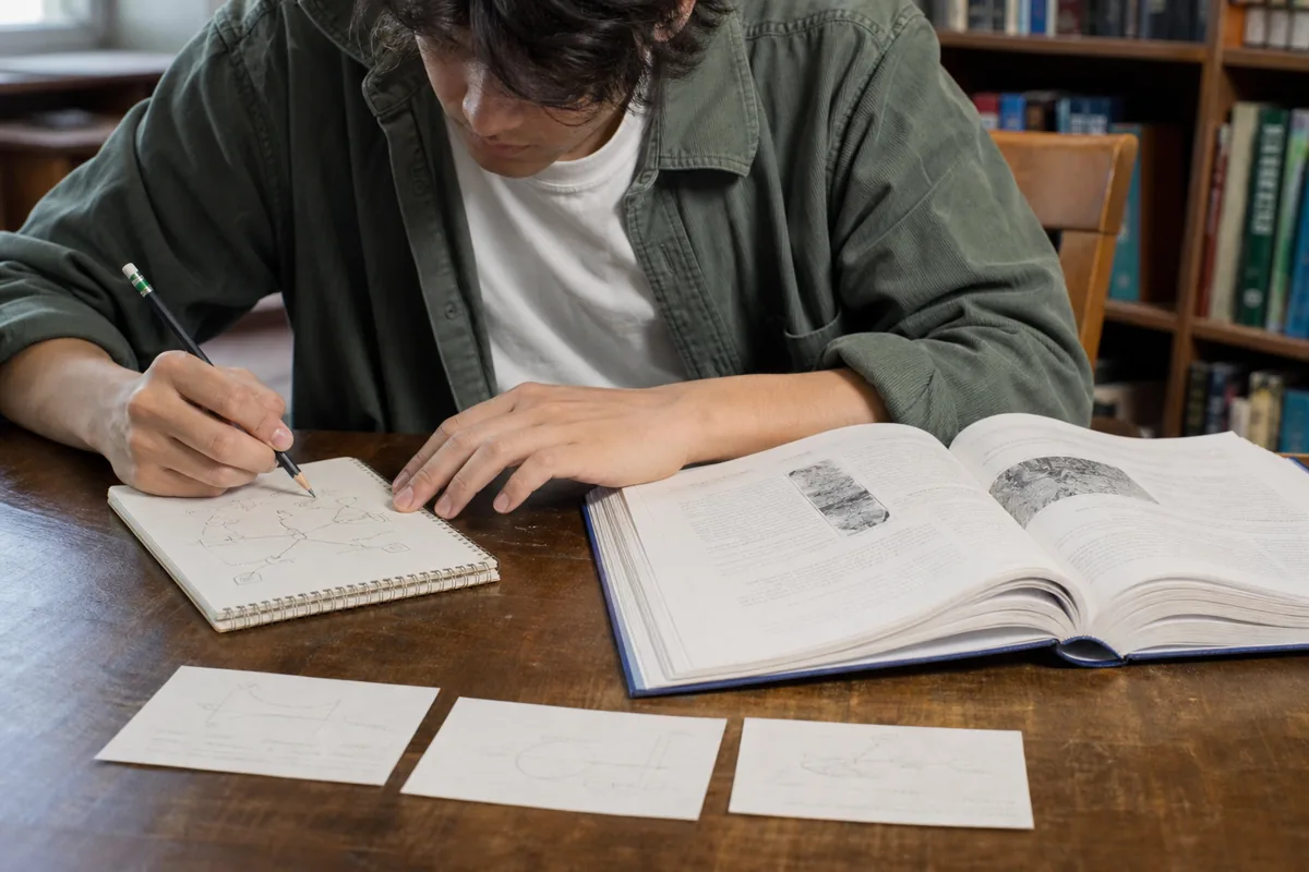 Estudiante relacionando ideas de un libro de ciencias con notas y un esquema propio