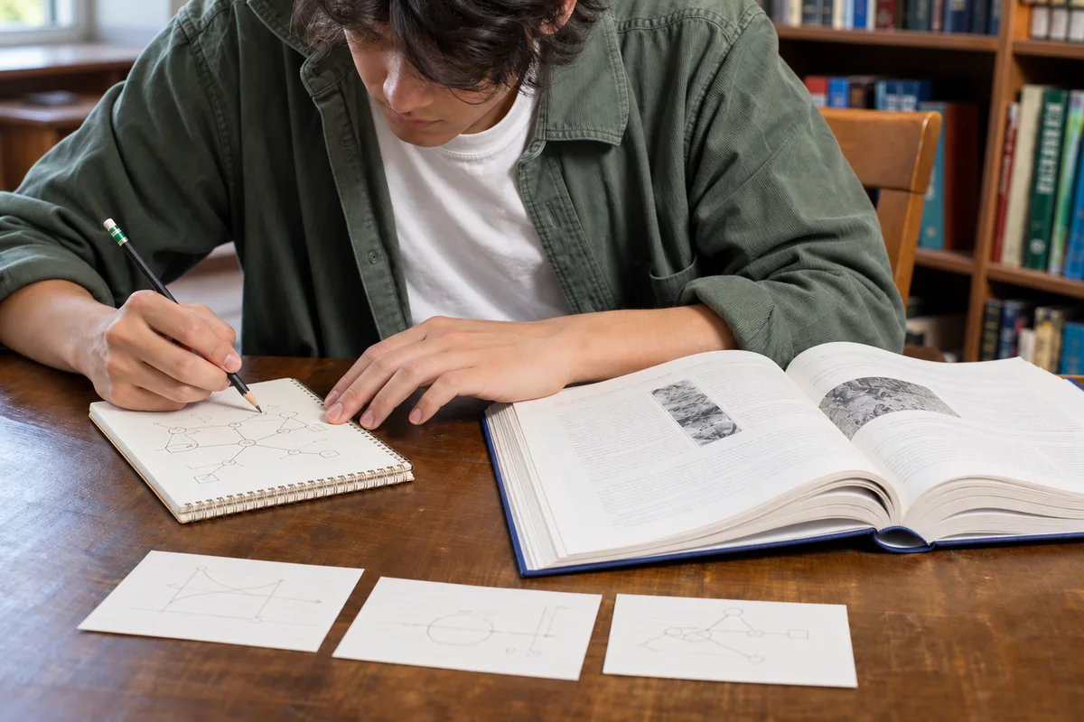 Estudiante relacionando ideas de un libro de ciencias con notas y un esquema propio