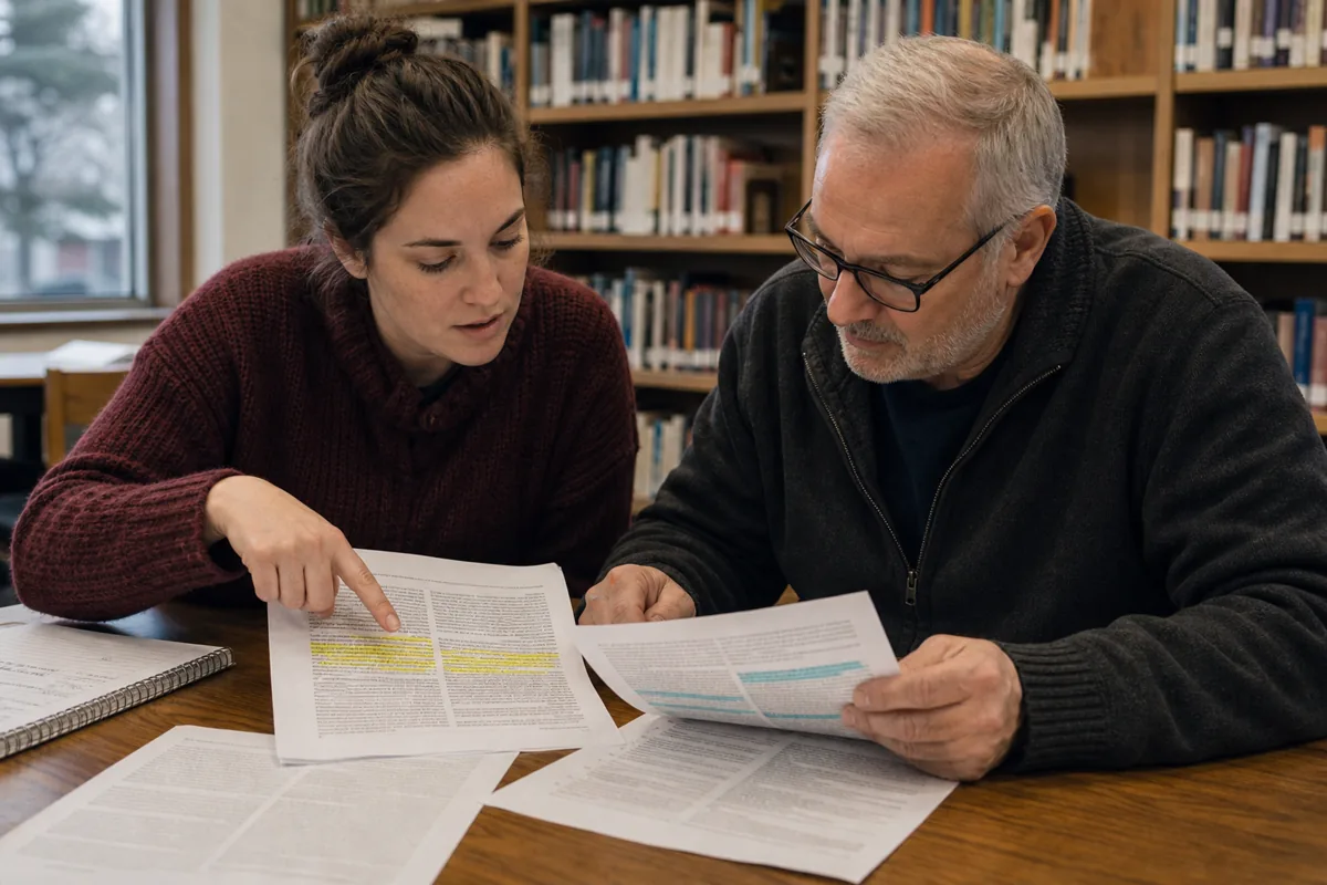 Dos lectores comparando las pruebas de dos artículos antes de escribir una conclusión
