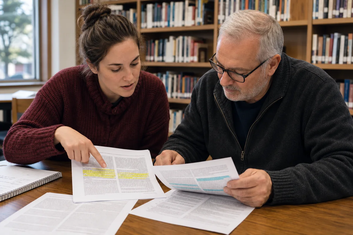 Dos lectores comparando las pruebas de dos artículos antes de escribir una conclusión