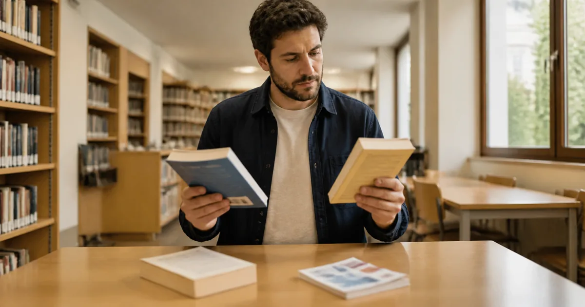 Lector ante varios tipos de texto, eligiendo el más útil según el propósito de la lectura