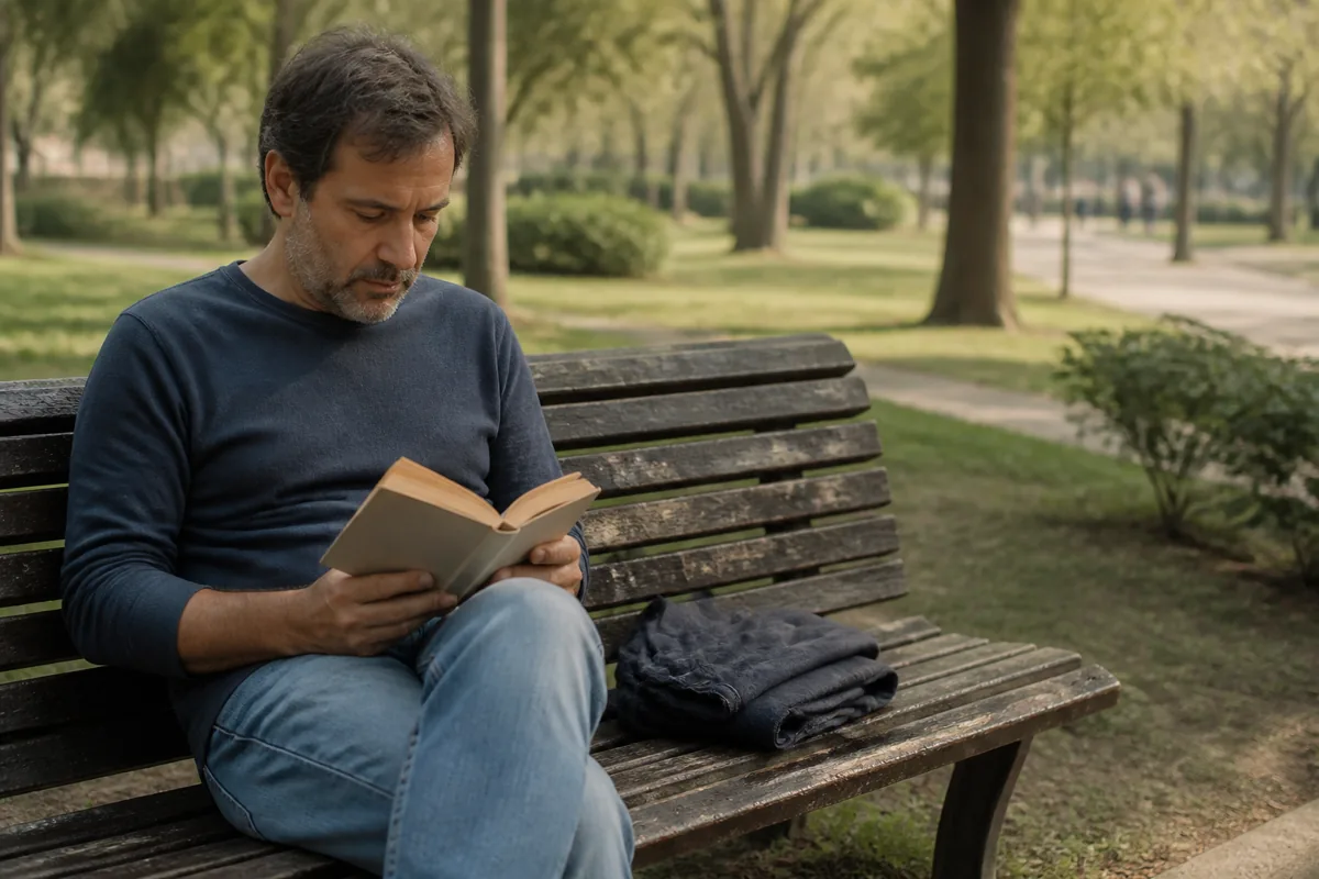Lector disfrutando una novela al aire libre sin tomar apuntes