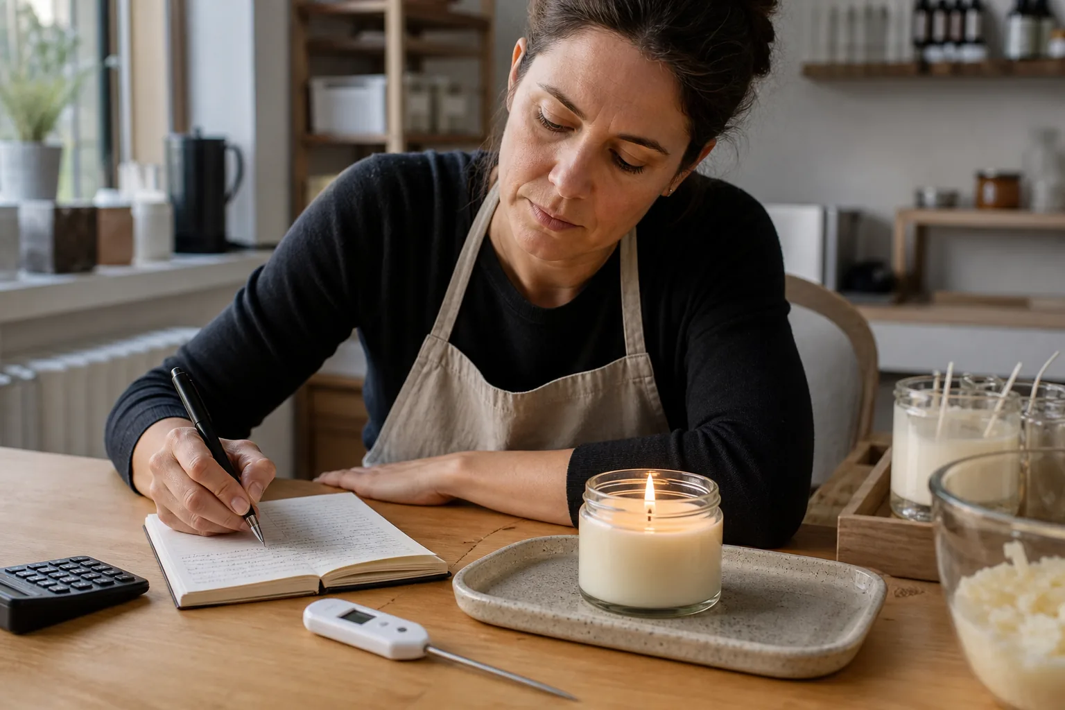 Artesana anota una prueba de quemado junto a velas, un termómetro y una calculadora