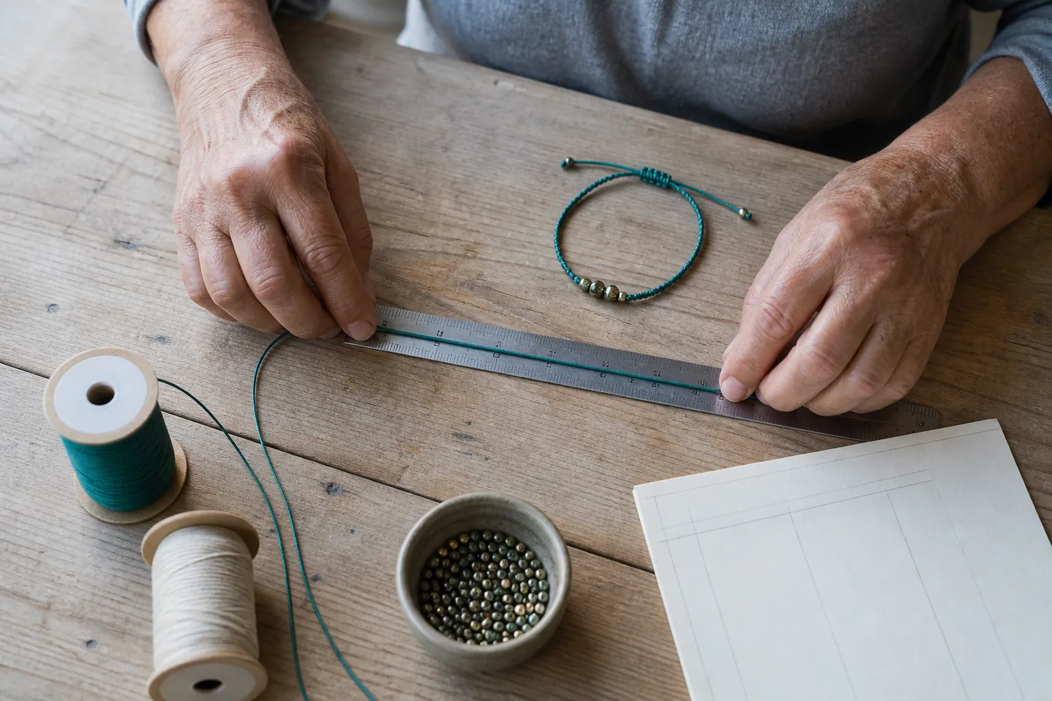 Manos midiendo material antes de vender pulseras de hilo