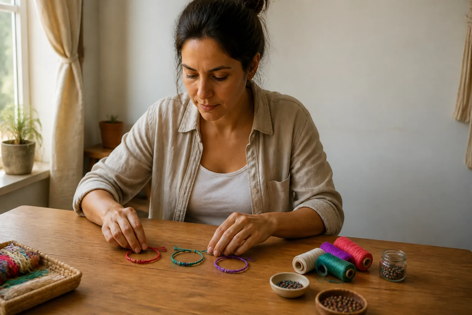 Artesana organizando tres pulseras de hilo sobre una mesa de trabajo luminosa