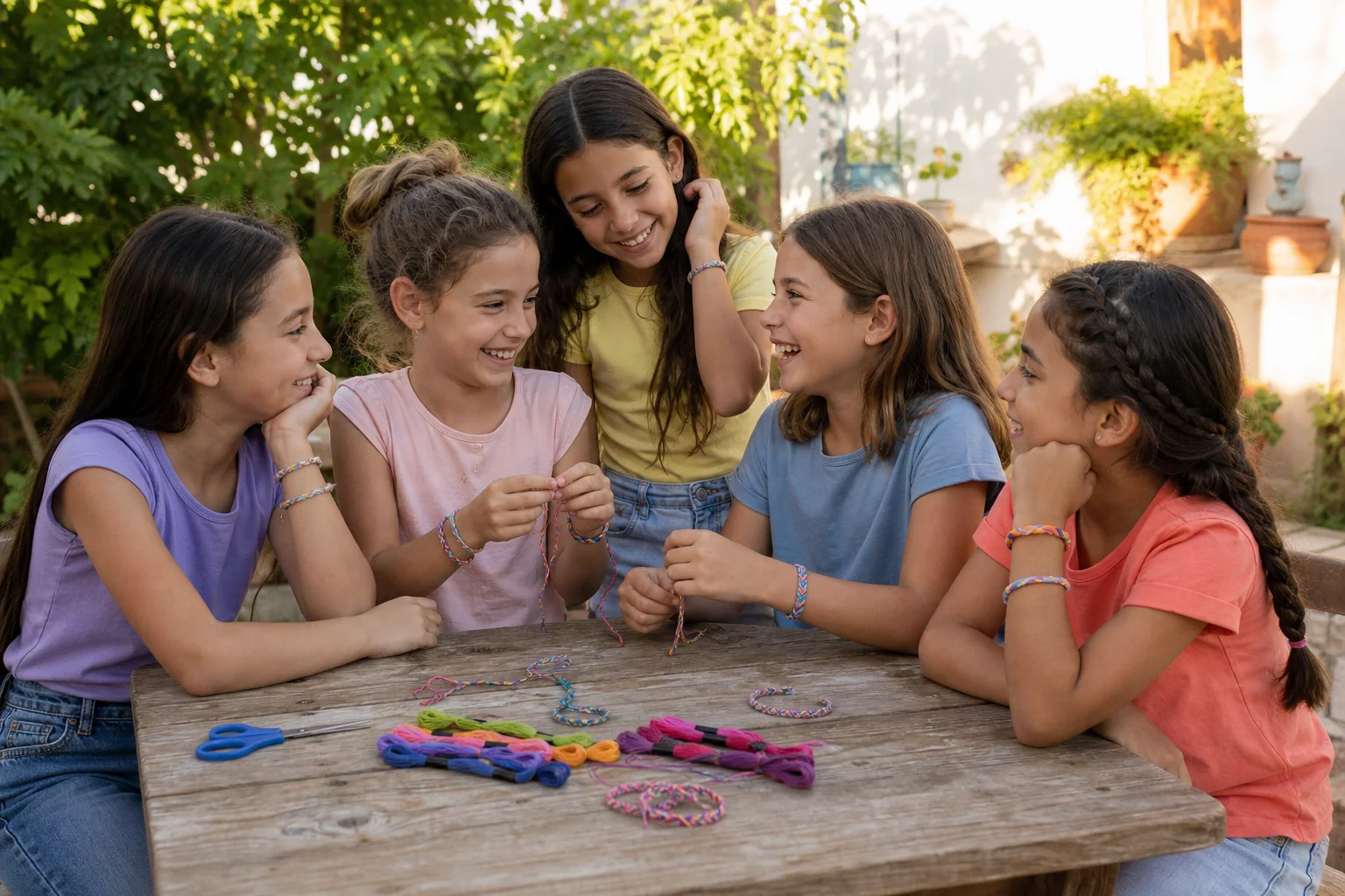 Grupo de niñas reunidas en un patio luminoso con pulseras de hilo hechas a mano