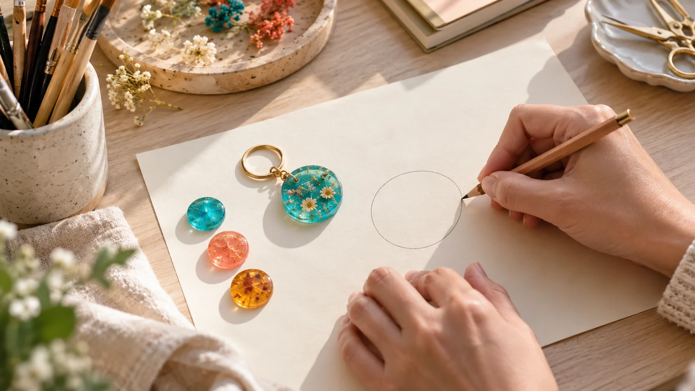 Qué hacer con resina epóxica: elige tu primer proyecto 3 Manos dibujando una forma circular junto a muestras de color y un llavero
