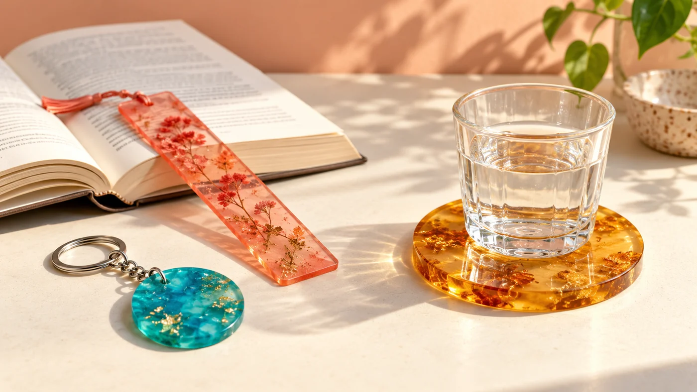 Qué hacer con resina epóxica: llavero turquesa, marcapáginas coral y posavasos ámbar