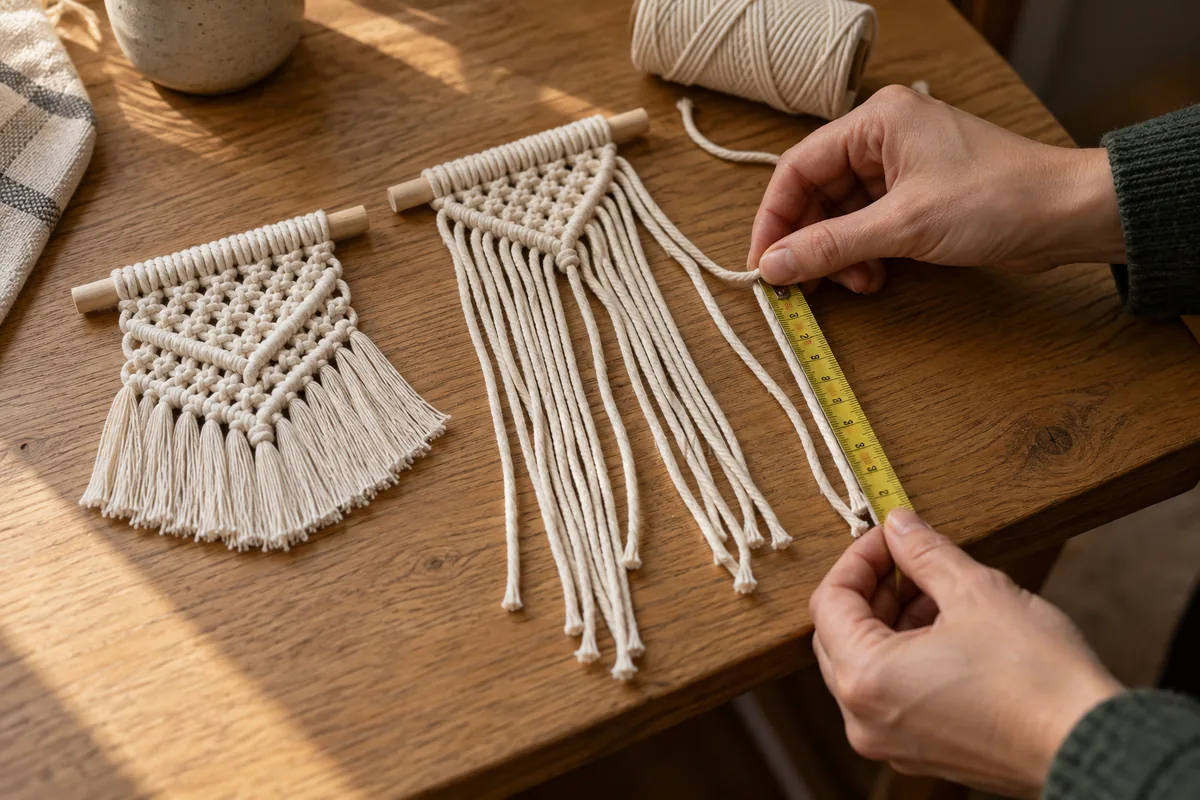 Dos muestras de macramé y unas manos midiendo el cordón para repetir la pieza