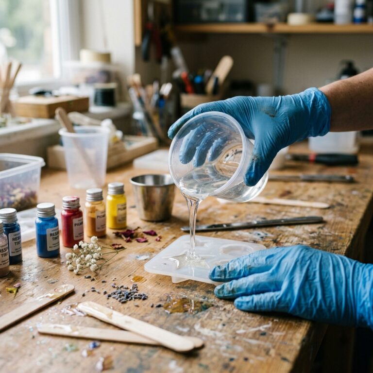 Manos con guantes vertiendo resina en un molde de silicona; imagen de la ficha Diseña y Crea con Resina