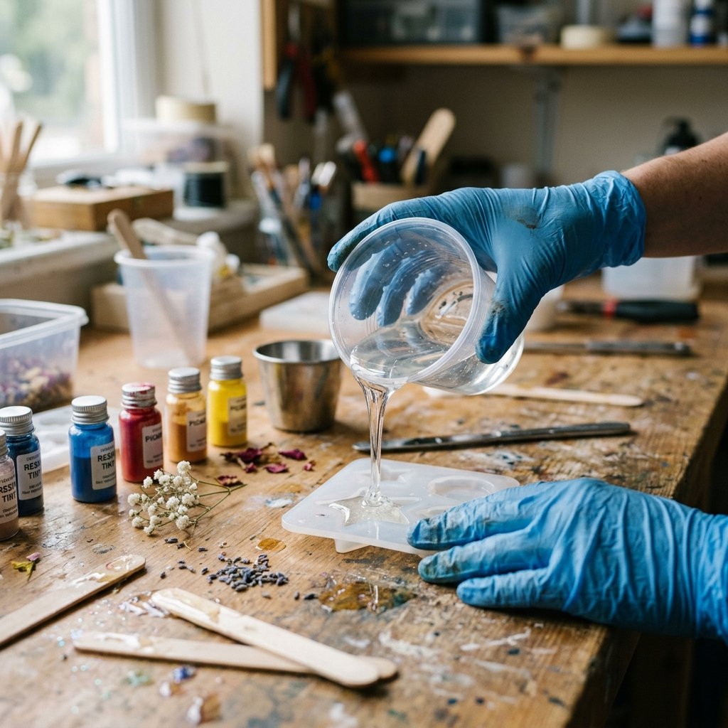 Manos con guantes protectores vertiendo resina epoxi transparente líquida en moldes de silicona sobre mesa de taller