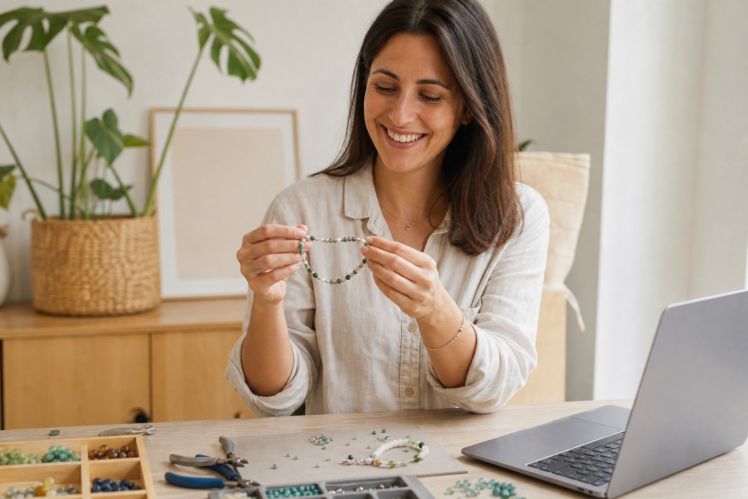 Bisutería creativa opiniones: alumna feliz mostrando la pulsera que acaba de terminar