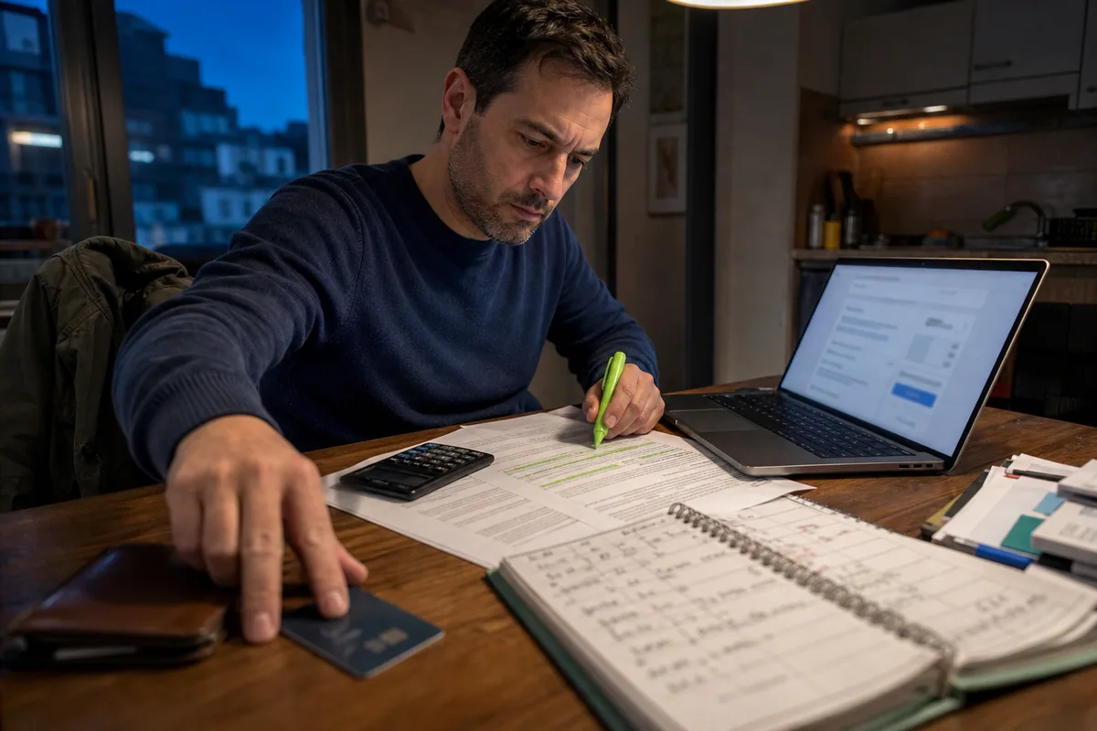 Hombre que aparta la tarjeta mientras calcula el precio total y revisa las condiciones de un curso online