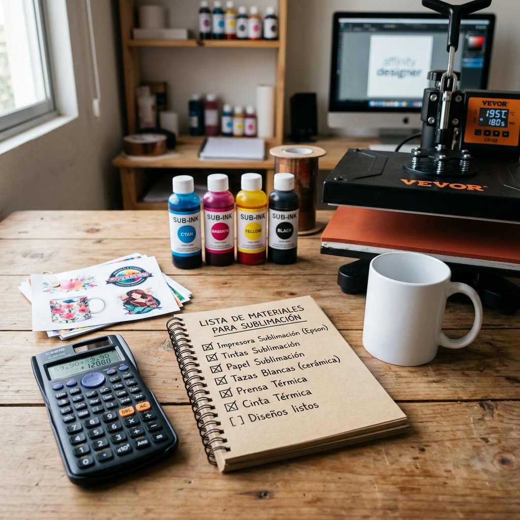 checklist de materiales para aprender sublimación con impresora tintas papel y prensa de calor