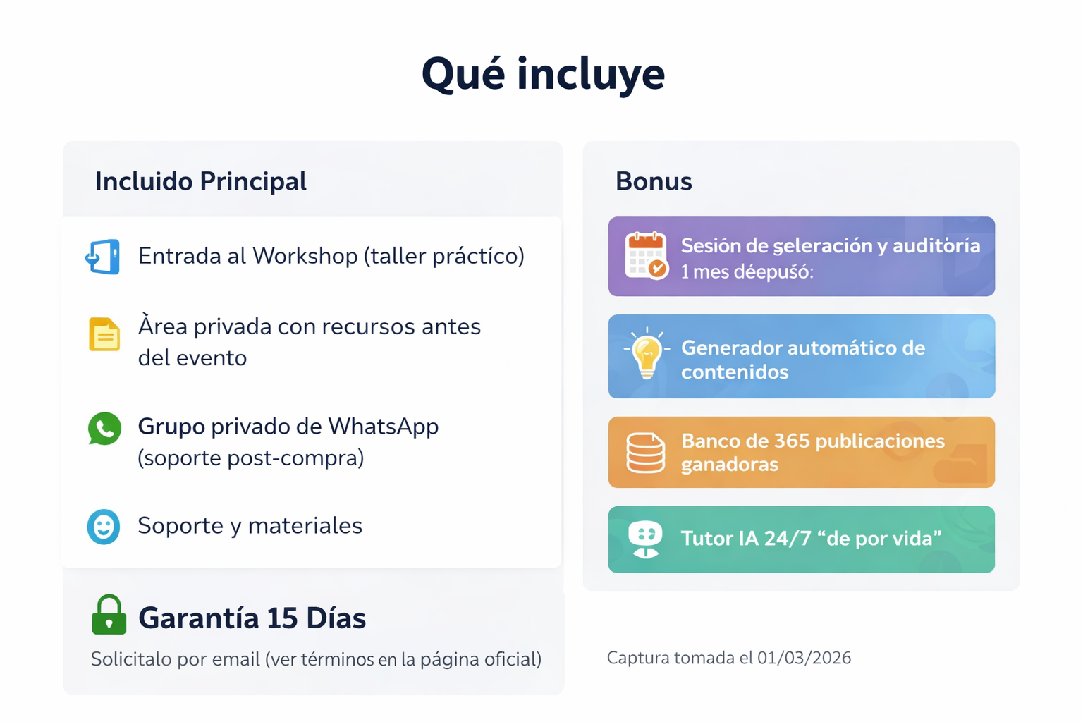 Infografía “Qué incluye” del Workshop Instagram Javier Elices con incluidos principales, bonus y garantía de 15 días.