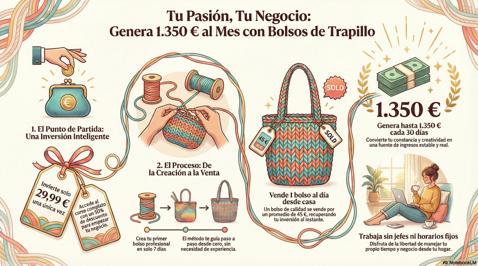 Infografía Tu Pasión Tu Negocio del Curso de Bolsos en Trapillo: Aprende a Crear Bolsos Premium desde Casa y genera 1350 euros con Brenda Villamizar en 2026
