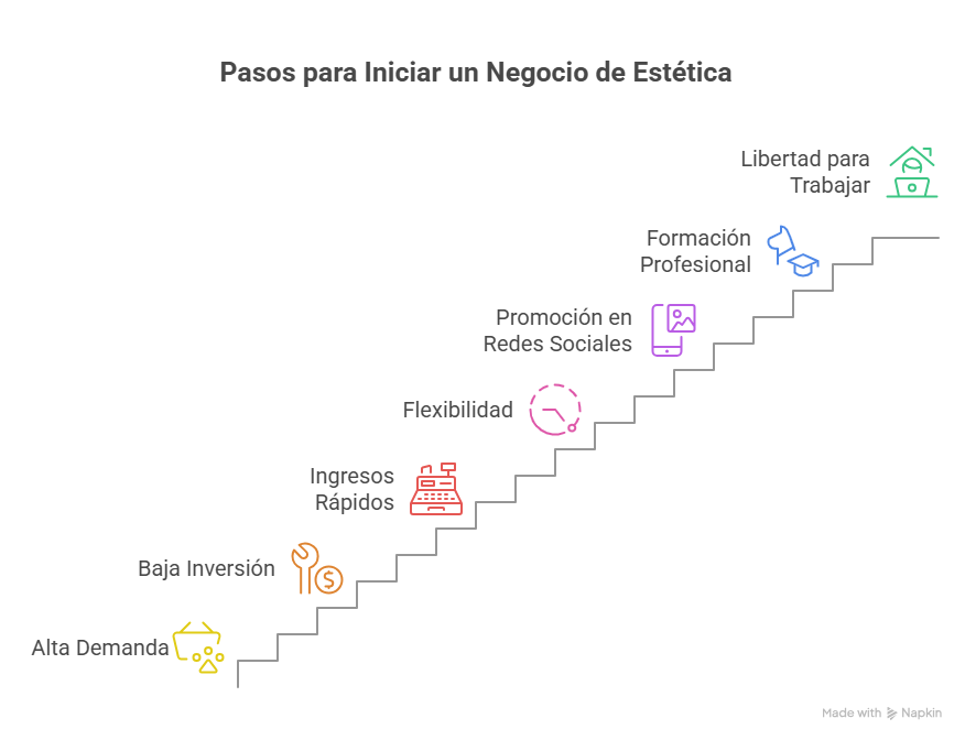 ✨ Curso Online de Lifting de Pestañas con Tinte Semipermanente Certificado: Yess Lacroix 2025 4 nfografía en escalera que muestra los pasos clave para emprender con éxito un negocio de estética a través del curso online de lifting de pestañas con tinte semipermanente certificado, destacando beneficios como baja inversión, ingresos rápidos, promoción en redes sociales y libertad para trabajar.