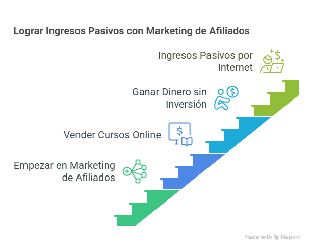 Afiliado Start Javier Elices: Review Consigue tu Primera Venta de forma rápida 3 ustración tipo escalera que muestra el proceso para lograr ingresos pasivos por internet con marketing de afiliados. Desde la base hasta la cima, los pasos incluyen: empezar en marketing de afiliados, vender cursos online, ganar dinero sin inversión e ingresos pasivos por internet. Ideal para principiantes que desean generar ingresos online. Imagen relacionada con el curso Afiliado Start de Javier Elices, que enseña a lograr la primera venta como afiliado paso a paso.