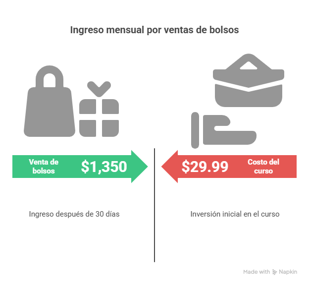 Curso de Bolsos en Trapillo: Aprende a Crear Bolsos Únicos desde Casa con Brenda Villamizar en 2025 4 Curso de Bolsos en Trapillo: Aprende a Crear Bolsos Únicos desde Casa con Brenda Villamizar en 2025. Esquema de ganancias vendiendo un bolso al dia durante 1 mes